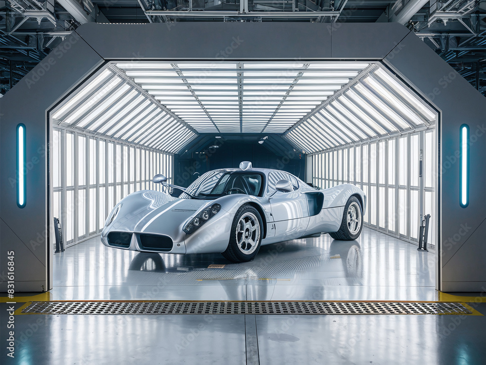 Obraz premium Sleek, futuristic silver sports car displayed in well-lit, modern showroom with metallic and industrial design.