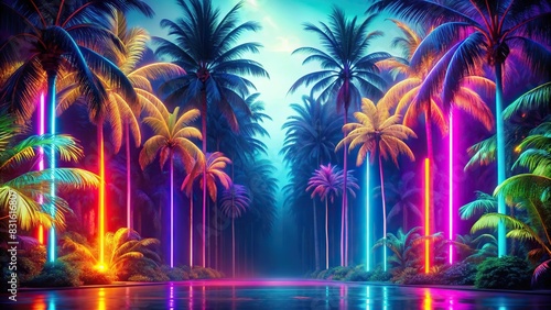 Vibrant neon jungle background with tropical palm trees and glowing neon lights