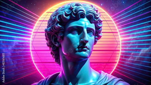 Vaporwave abstract style Greek statue in a cyberpunk background photo