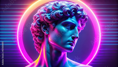 Neon lit Greek statue of David in a vaporwave design