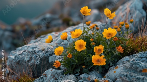 Macro yellow flowers growing on rocky terrain in the Crimean mountains photo