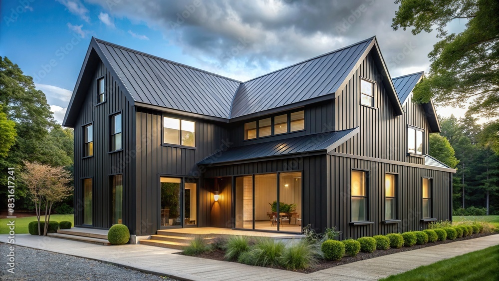 Modern farmhouse exterior with black vertical metal siding and wood walls