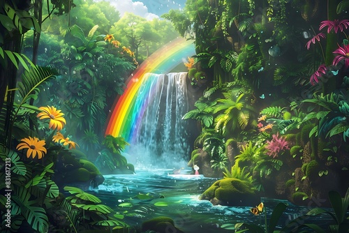 Cascading rainbow waterfall emoji in a lush forest