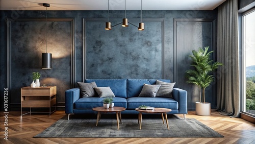 Elegant living room with tiny blue and navy couch  featuring accent wall in deep black plaster stucco microcement