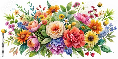 Watercolor of a vibrant bouquet of flowers and leaves with wildflowers elements photo