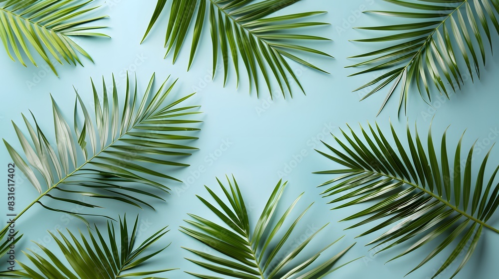 Fototapeta premium Summer composition. Palm leaves on pastel blue background.