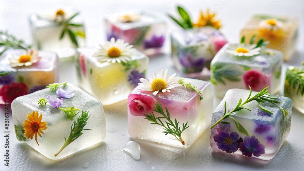Floral ice blocks melting on a white surface