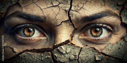 A close-up image of a cracked surface with a pair of eyes peeking through, giving a mysterious and eerie feel photo