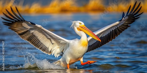 White pelican gracefully surfing on water with wings wide spread