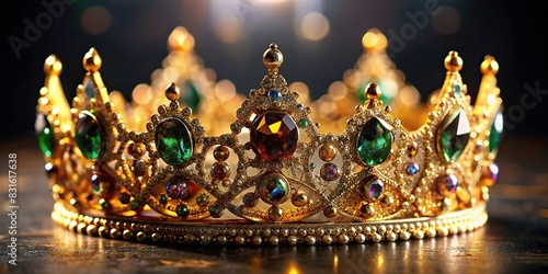 A luxurious golden crown adorned with sparkling precious stones on a background © artsakon