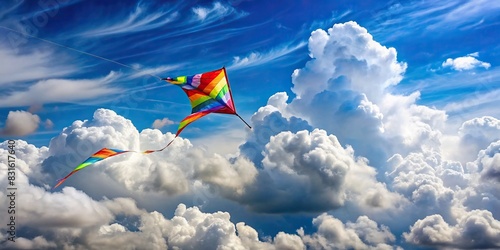 Beautiful kite soaring against a backdrop of fluffy white clouds, representing leisure and relaxation