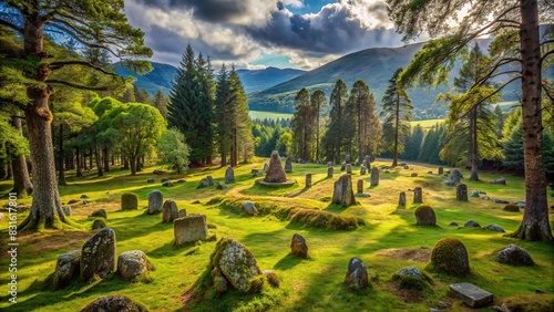 Mysterious burial ground of ancient Celts nestled among trees in remote Scottish forest photo