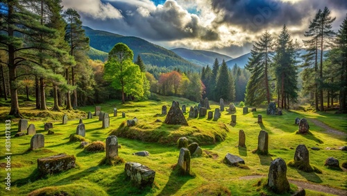 Mysterious burial ground of ancient Celts nestled among trees in remote Scottish forest photo