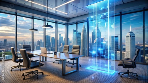 Office setting with holographic virtual learning display  skyscrapers in background