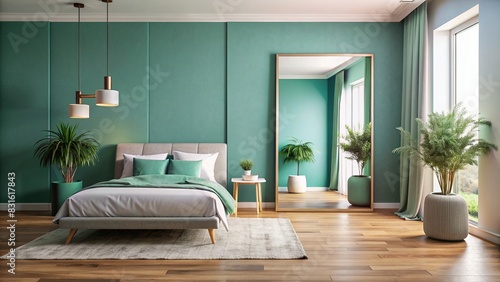 Minimalist bedroom interior with teal accents and full-length mirror photo