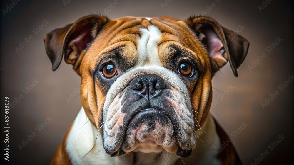 English bulldog with a curious expression looking directly at the camera