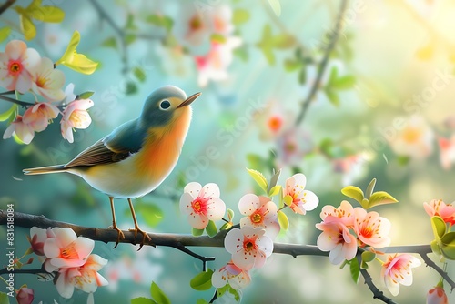 Chirping songbird emoji on a blooming branch photo