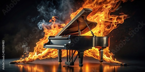 A stunning image of a grand piano engulfed in flames, captured in slow motion