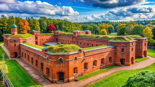 Historical Brest Hero Fortress Museum 5th Fort in Belarus with brick walls and greenery photo