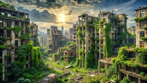 Destroyed cityscape with crumbling buildings and overgrown vegetation photo