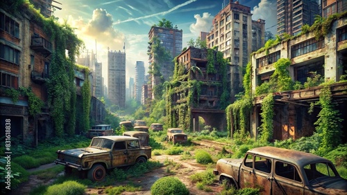 Description 1 A desolate cityscape with crumbling buildings, overgrown vegetation, and rusting vehicles scattered about photo
