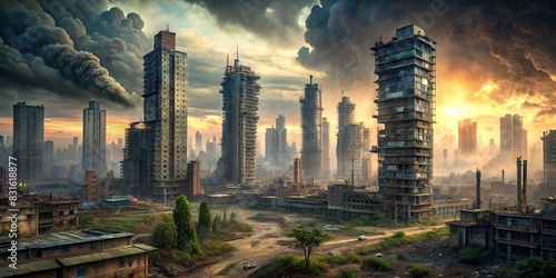 An eerie urban wasteland with dilapidated skyscrapers and polluted skies photo