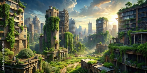 A post-apocalyptic cityscape with crumbling buildings and overgrown vegetation photo