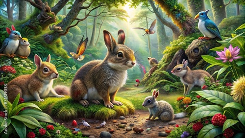 Vibrant wildlife scene featuring hyper-realistic squirrels, rabbits, and birds playing together in a lush forest setting © artsakon