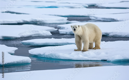 Polar bear stands on floating ice sheet in Arctic region  surrounded by icy water and other ice sheets.