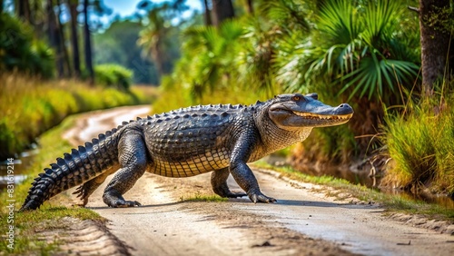 Large Florida alligator crossing a dirt trail in a park