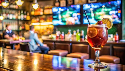 Image of a cocktail on a table in a pub with a TV showing a football match in the background © artsakon
