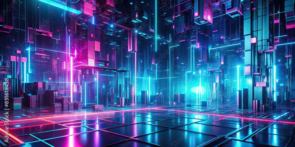 Futuristic neon cyberpunk design with interlaced glitch and distortion effects on blue, mint, and pink background