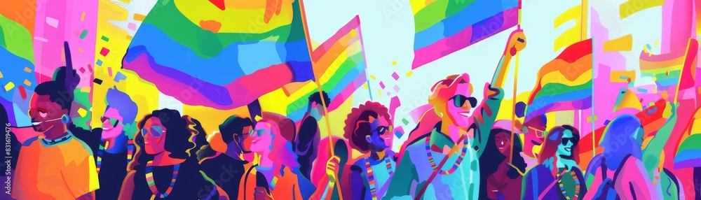 Vibrantly colored illustration of people celebrating at a pride parade, holding rainbow flags with energetic and diverse expressions. Vibrantly colored illustration of people celebrating at a pride parade, holding rainbow flags with energetic and diverse expressions.