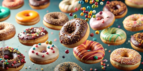 Assorted donuts with various toppings falling gracefully