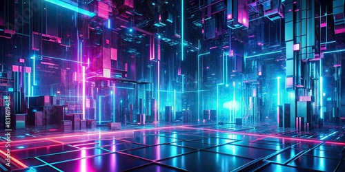 Futuristic neon cyberpunk design with interlaced glitch and distortion effects on blue, mint, and pink background