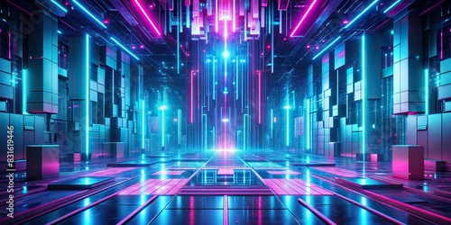 Futuristic neon cyberpunk design with interlaced glitch and distortion effects on blue, mint, and pink background photo