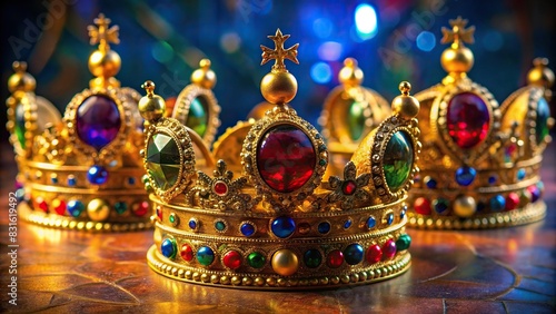 Close-up image of three intricately designed crowns representing the Day of the Three Kings