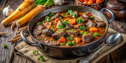 Mouthwatering Hungarian-style venison stew with a rich and savory sauce, cooked to perfection and beautifully arranged in a designer Dutch oven