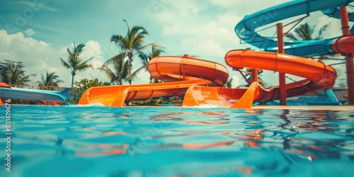 Water slide background banner with the arrival of orange aqua park slide in beautiful blue water