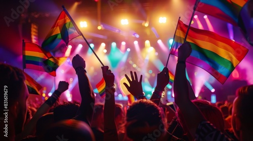 Wallpaper Mural Vibrant pride celebration at a concert with colorful rainbow flags waving in the crowd under lively stage lights and energetic atmosphere. Torontodigital.ca