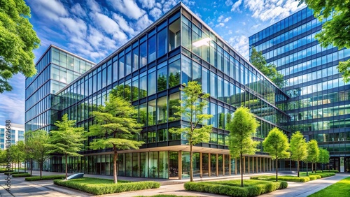 Modern eco-friendly glass office building with trees for sustainability
