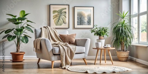Cozy armchair with a soft blanket  a houseplant  and a picture artwork in a trendy living room setting