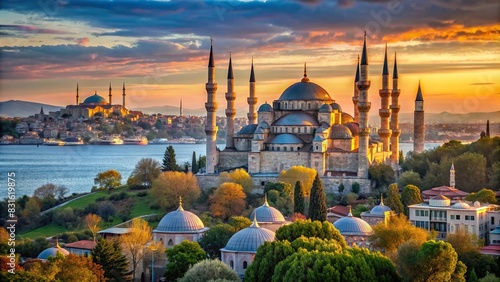 A peaceful landscape featuring Hagia Sophia and the Blue Mosque overlooking the Bosphorus River photo