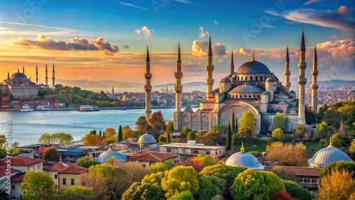 A peaceful landscape featuring Hagia Sophia and the Blue Mosque overlooking the Bosphorus River photo