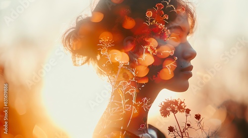 Double exposure image of a woman with flowers at sunset, highlighting beauty and nature in perfect harmony. photo