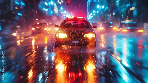 Police car speeding through a rainy night city street with bright lights and reflections, creating a suspenseful and dynamic atmosphere.