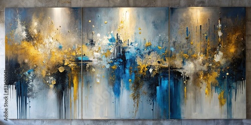 Abstract interior painting with splashes of bright gold  black  blue  and gray colors on canvas