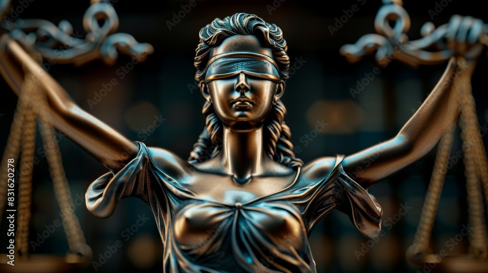A statue of a woman with a blindfold on her head, Themis or Lady Justice concept