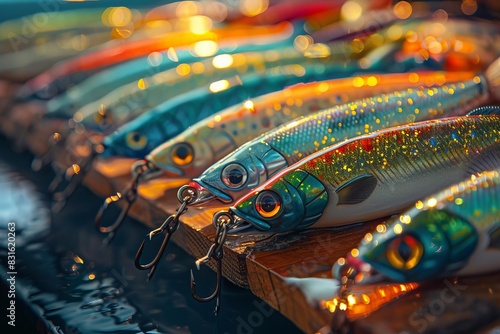 Close-up of colorful fishing lures displayed in a row, perfect for sports and recreational fishing enthusiasts and hobbyists. photo