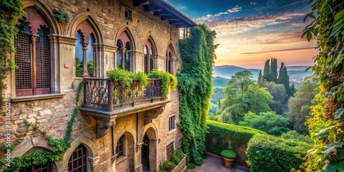Detailed description 2 A serene landscape with a balcony overlooking a lush garden, reminiscent of the iconic scene from Romeo and Juliet, showcasing a symbol of undying love and passion photo